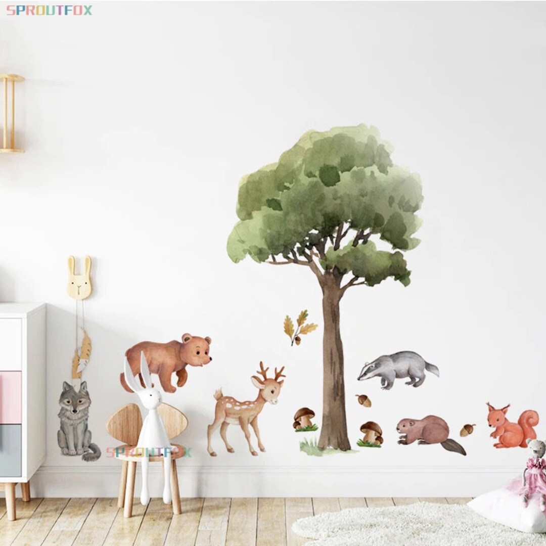 Woodland Creatures Tree Forest Nursery Wall Stickers Decals Bear Deer ...