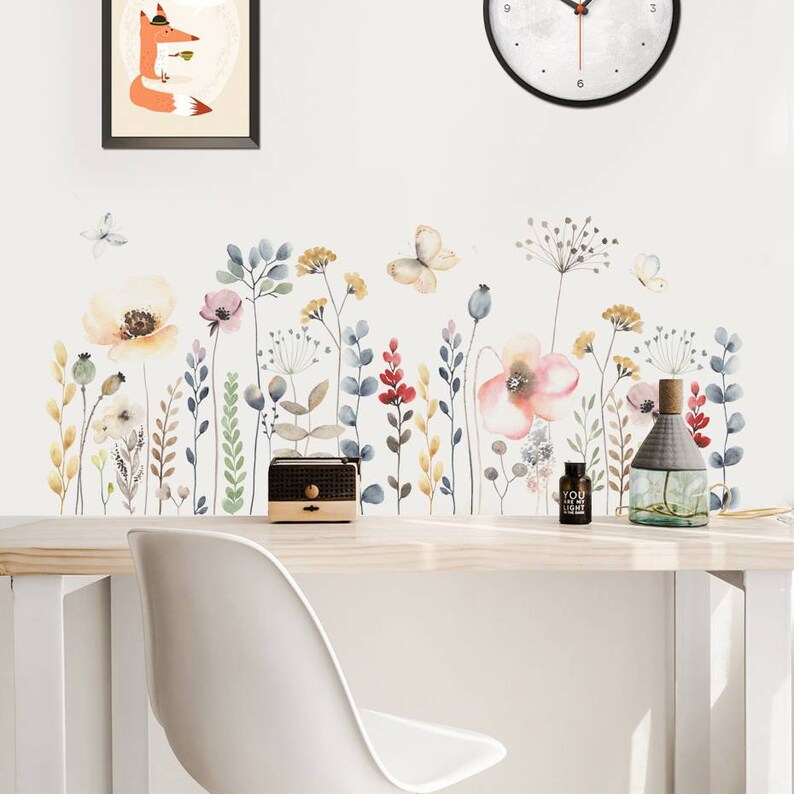 Wildflower Wall Decal Floral Botanical Watercolour Butterfly Etsy