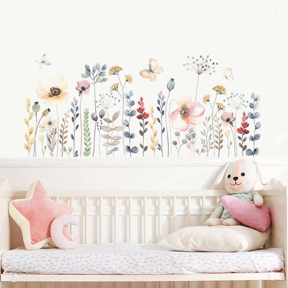 Wildflower Wall Decal Floral Botanical Watercolour Butterfly Etsy
