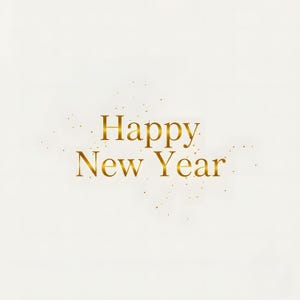 May include: A gold-colored "Happy New Year" greeting on a white background. The text is in a serif font and is surrounded by small gold flecks, creating a festive and celebratory design.