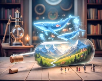 May include: A glass bottle with a cork, displaying a miniature landscape of mountains, a river, and houses. Above the bottle, two glowing blue whales swim with fish and jellyfish. A group of miniature people stand in front of the bottle on a wooden surface.