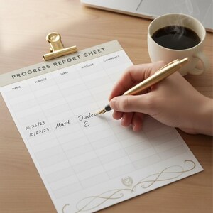 May include: A progress report sheet with the title "PROGRESS REPORT SHEET" is held in place by a gold clip. A hand is writing on the sheet with a gold pen. A cup of coffee and a laptop are in the background.
