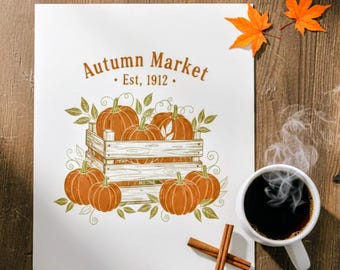 Vintage Pumpkin Crate Print | Autumn Market Wall Art Digital Download