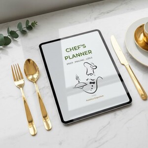 May include: A digital tablet displaying a "Chef's Planner" with a chef illustration, accompanied by gold-colored cutlery: a fork, spoon, and knife. A cup and saucer are also visible. The items are arranged on a marble surface.