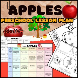 May include: A preschool lesson plan titled "Apples" with a brown background. The image includes a red apple, a tree with green leaves and red apples, and various worksheets with apple-themed activities. The text "color $b/w" is visible.