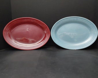 2 Oval Vintage Bauer Ringware Serving Platters, 3 Dot, Delph Blue and Maroon