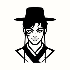 May include: Black and white illustration of a person wearing a traditional Korean hat and clothing. The person has a stern expression, with long earrings and a distinctive eye marking.