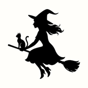 Hübsche Hexe SVG, magische fliegende Hexe PNG, Halloween-Kunst-Dekor, elegante Silhouette der schwarzen Katze, verzaubertes Besenstiel-Design, digitaler Download