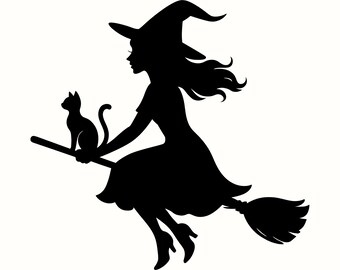 Häxkatt SVG, Flygande häxa PNG, Halloween-väggkonst, Spöklik häxsilhuett, Cottagecore-dekor, Häxig gåva