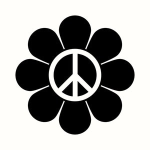 以下が含まれることがあります： 黒地に白の平和マークが描かれた、8枚の花びらを持つ黒い花