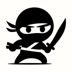 May include: A black and white cartoon ninja character with a stern expression. The ninja is wearing a black mask and headband, a white belt, and is holding a sword. The image is a simple, bold illustration.