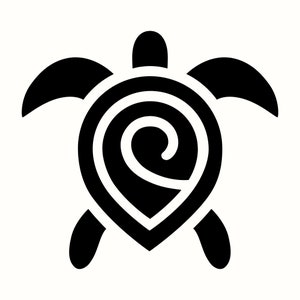 Op de afbeelding: Zwarte en witte silhouet van een schildpad met een spiraalvormig ontwerp op zijn schild.