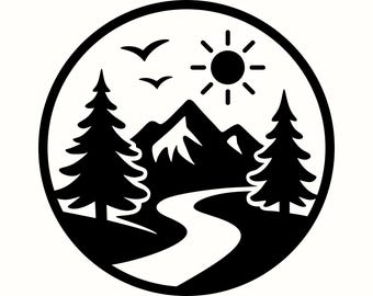 Mountain Nature SVG, Camping Decal PNG, Outdoor Scene Clipart, Scenic Forest Silhouette, Adventure Printable Art, Landscape Laser Cut File
