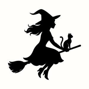 Pretty Witch SVG, Elegant Flying Witch Silhouette PNG, Black Cat Vector Illustration, Printable Halloween Decor, Enchanted Broomstick Design