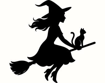 Pretty Witch SVG and PNG: Elegant Flying Witch Silhouette for Cricut Crafts, Halloween Clipart, Black Cat Broom Design