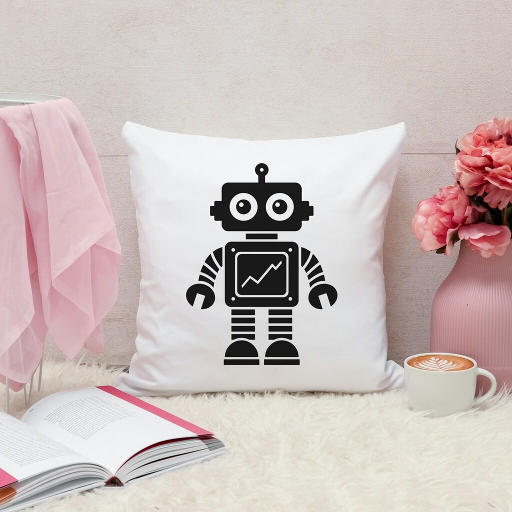 Gallery Of Innovative Art Cuscino Decorativo Robot Welcome: 40x40 Cm, Morbido, Stampato A 12 Colori, Per Camera Bambini