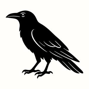 May include: A black silhouette of a crow against a white backdrop. The crow is shown in profile, facing left. White lines detail the bird's feathers, and it has a small, round eye. The crow is standing.
