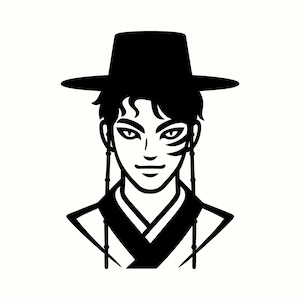 May include: A black and white illustration of a person in traditional attire, featuring a wide-brimmed hat and detailed facial features. The image has a graphic design style with long earrings.