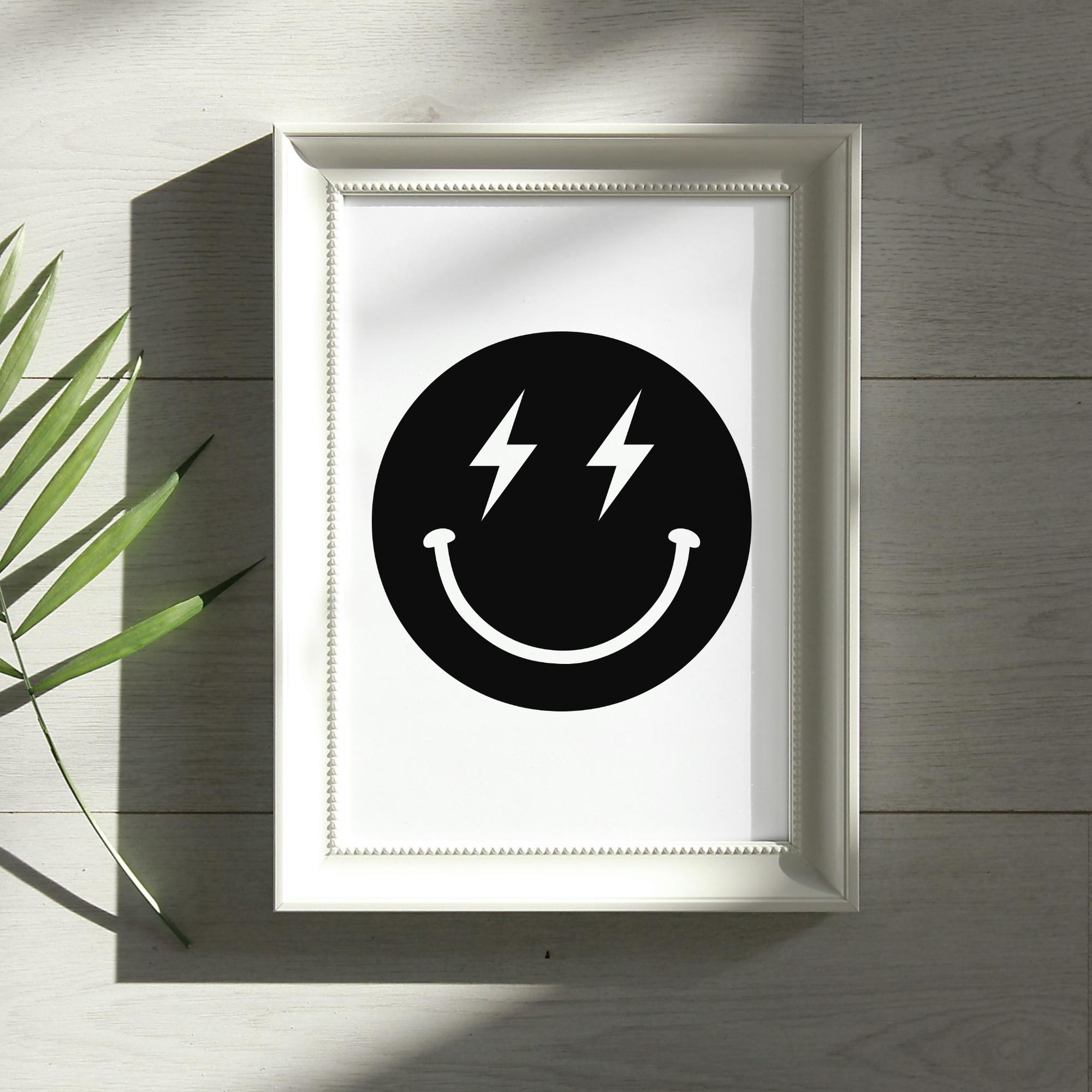 Lightning Bolt Smiley SVG, Retro Happy Face PNG, Emoji Icon