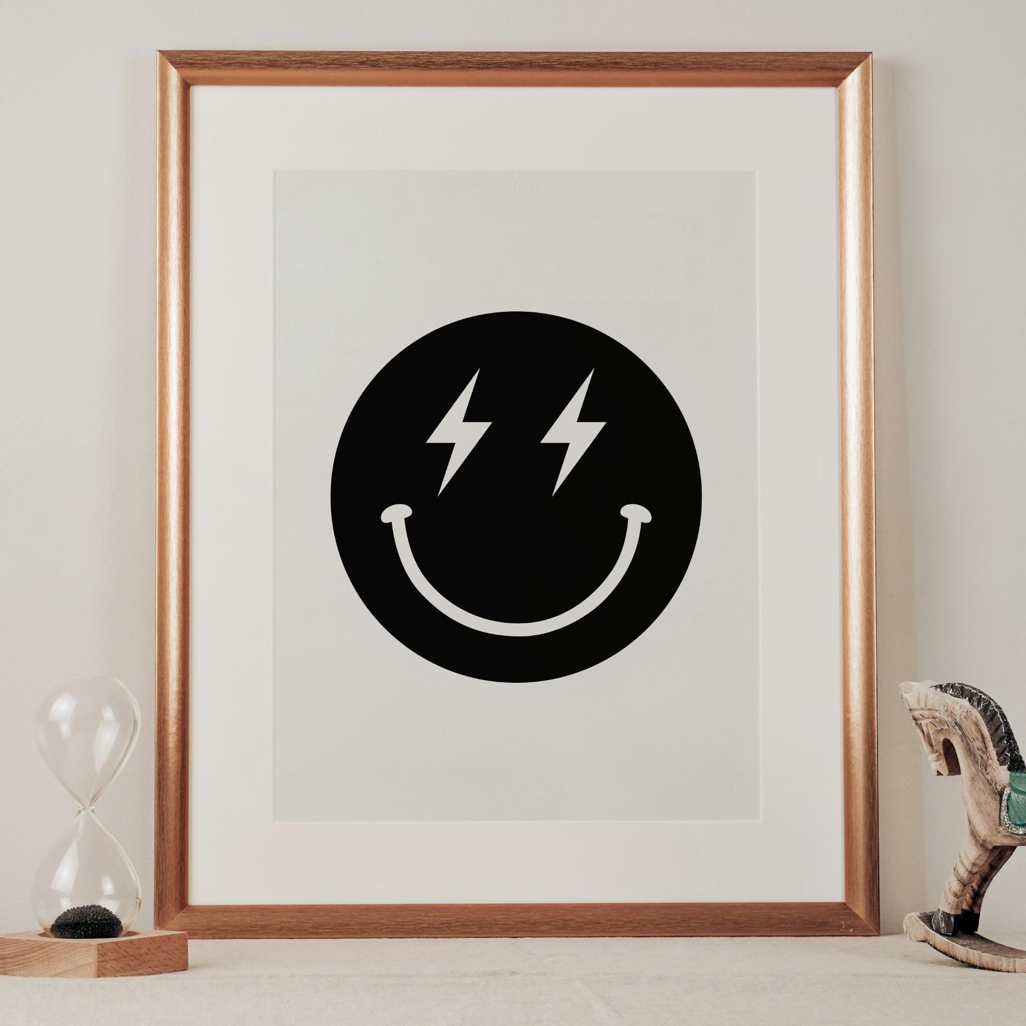 Lightning Bolt Smiley SVG, Retro Happy Face PNG, Emoji Icon