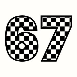 Rutig 67 SVG, Six Seven Meme PNG, Y2K Varsity-nummer, kokettskjortadesign, trendig Gen Alpha-grafik