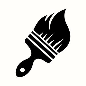 Könnte beinhalten: Schwarz-weiße Grafik eines Pinsels mit einer flammenartigen Form über den Borsten. Der Griff hat ein Loch am Ende. Das Bild ist ein einfaches, kühnes Design, das für verschiedene kreative Projekte geeignet ist.