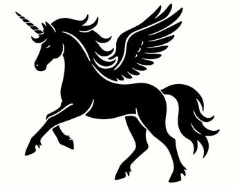 Licorne Pégase SVG, cheval volant PNG, Silhouette de créature magique, Clipart de conte de fées, conception de cheval fantastique, fichier de coupe Cricut