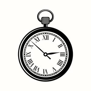 Puede incluir: Ilustración en blanco y negro de un reloj de bolsillo con números romanos en la esfera.
