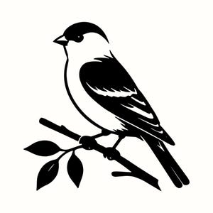 May include: A high-contrast black and white graphic illustration of a small bird perched on a thin branch with three leaves. The bird is depicted in profile, facing left, with solid black markings on its head, wings, and tail, and a white body.