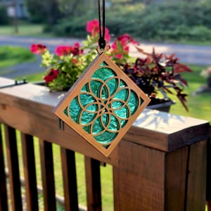 Stained Glass and wood Mandala suncatcher Aqua blue stained glass Gift for Mom Mandalas housewarming gift Home Decor Window art