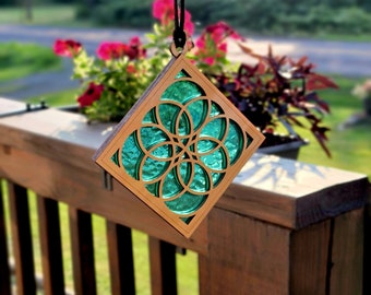 Stained Glass and wood Mandala suncatcher Aqua blue stained glass Gift for Mom Mandalas housewarming gift Home Decor Window art