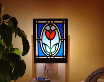 Red Tulip Faux Stained glass window night light, Unique home decor, kitchen and bathroom accent piece, gifts for friends and family