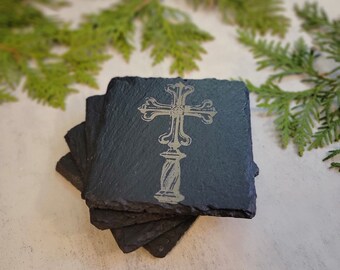 Slate coasters with Gothic Cross engraving Gothic home decor Unique Barware Coffee table decor New Home Gift Housewarming gift Halloween