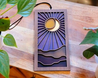 Crescent Moon Suncatcher: Iridescent Acrylic, Walnut Boho Decor