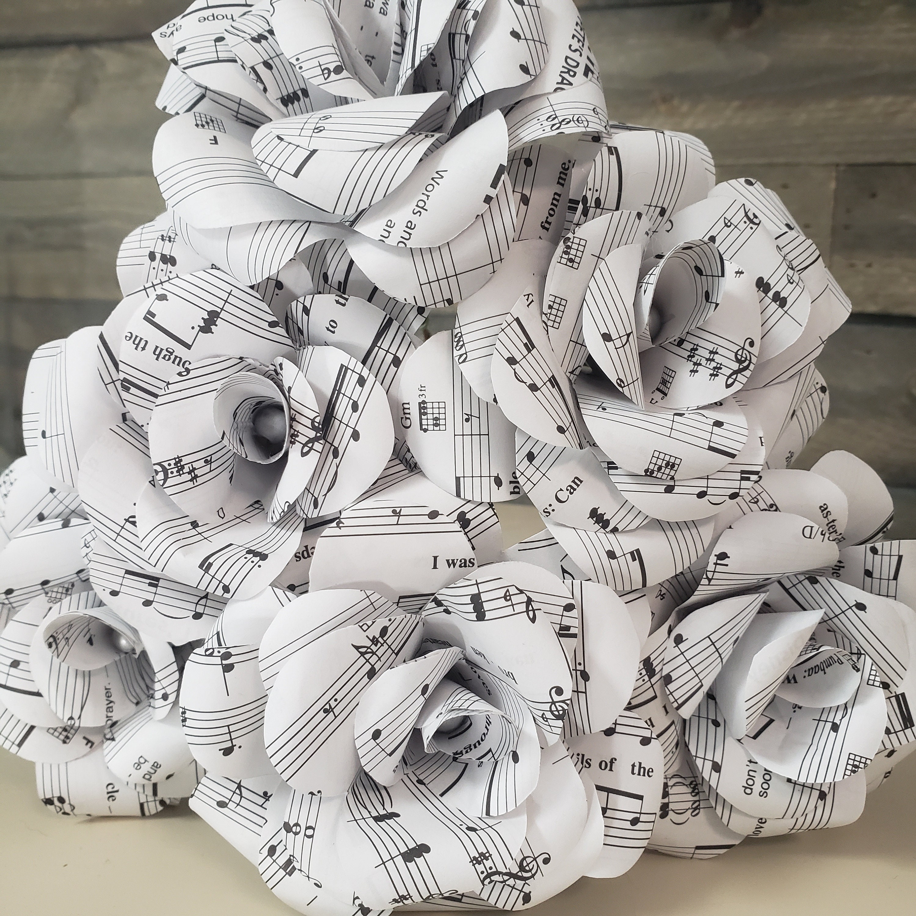 Sheet Music Paper Flower Bouquet. Red White and Black. 