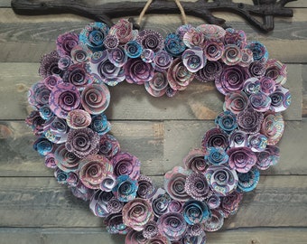 Heart shaped wreath handmade with rolled paper flowers in colorful prints!  Custom orders welcome!