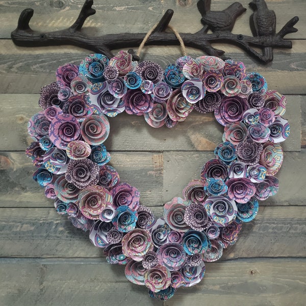 Heart shaped wreath handmade with rolled paper flowers in colorful prints!  Custom orders welcome!