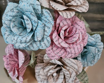 Book page paper flowers handmade to order with custom colors!  Quantity 6 stemmed flowers with leaves and bendable stems