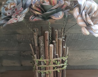 Rustic stick vase with glass center!  Message me with your custom size/ribbon preferences!