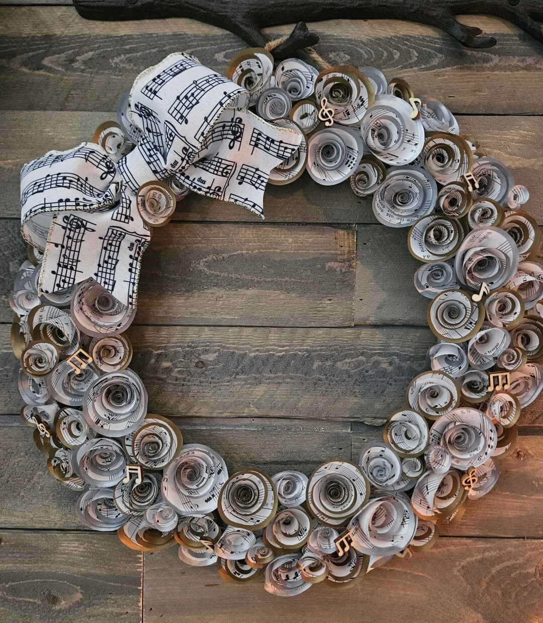 Sheet Music Wreath Handmade With Rolled Paper Flowers Edged in Silver ...