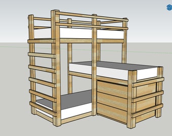 May include: A wooden bunk bed with three beds, the top bed has a railing, the bottom bed has a drawer, and the middle bed is a trundle bed.