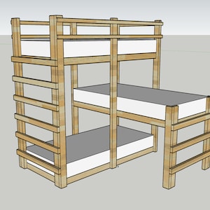 May include: A wooden bunk bed with three beds stacked on top of each other. The bed is made of natural wood and has a simple design.