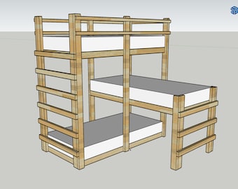 May include: A wooden bunk bed with three beds stacked on top of each other. The bed is made of natural wood and has a simple design.