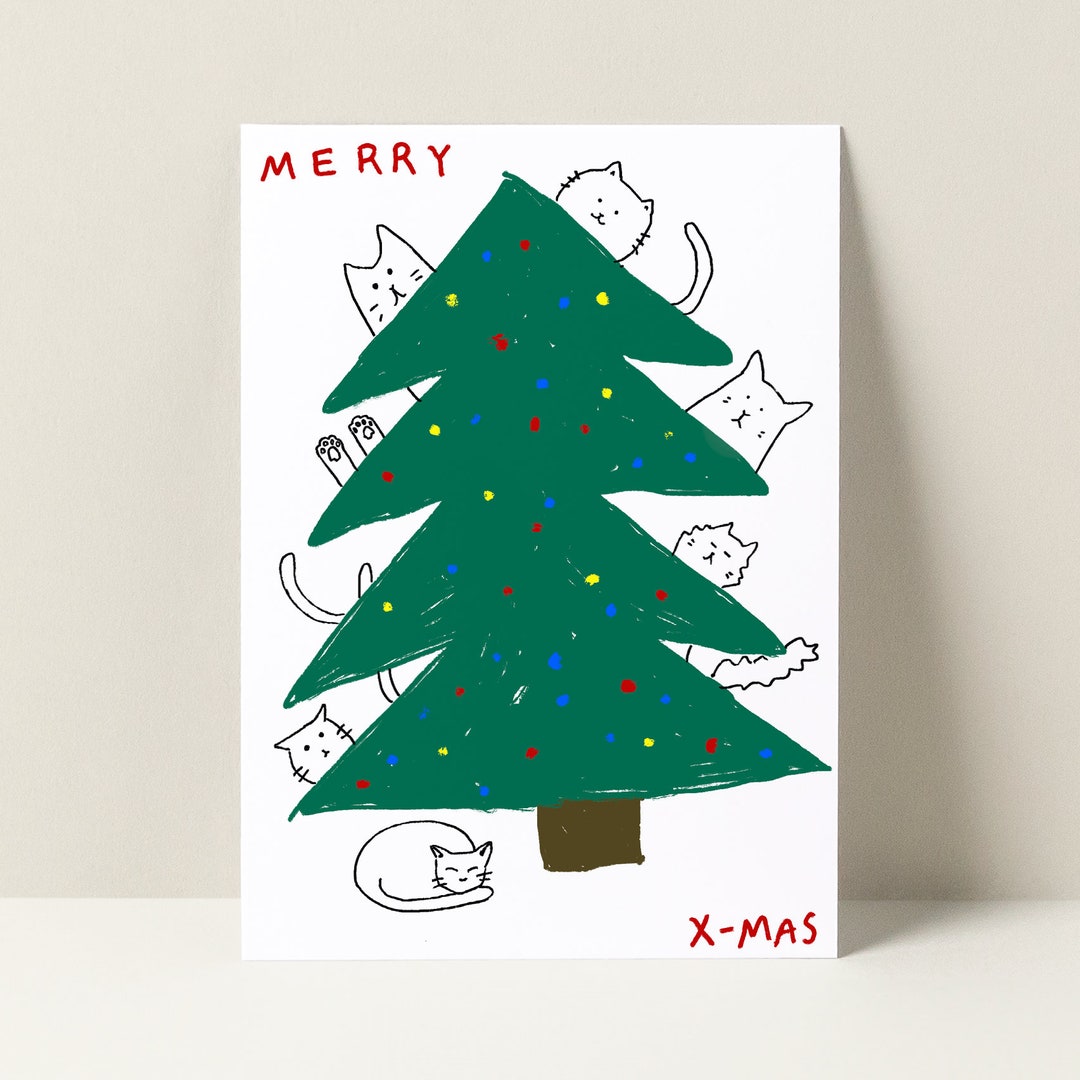 Cute Cat Christmas Tree Hand Drawn Holiday Card A6 Etsy