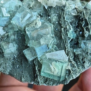 Highly Fluorescent Teal Green Cubic Fluorite Specimen w/ White Phantoms - From Huangshaping