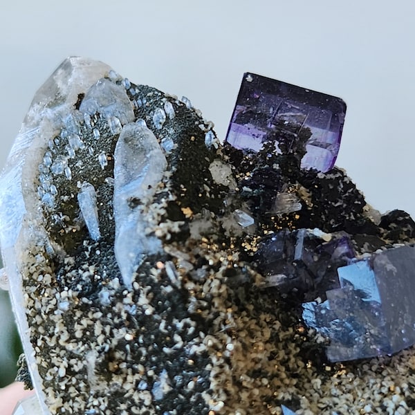 Perfect Phantom Fluorite Cubes on Quartz Point w/chlorite, mica, pyrite, and wolframite