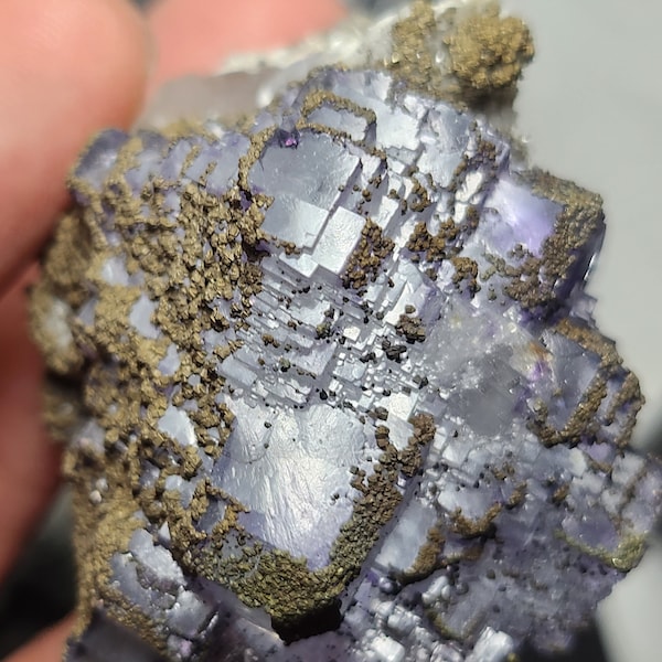 Glassy Blue Stepped Fluorite Pyramid Coated in Pyrite W/ Beveled Edges, Purple Phantoms, Calcite, and Mica