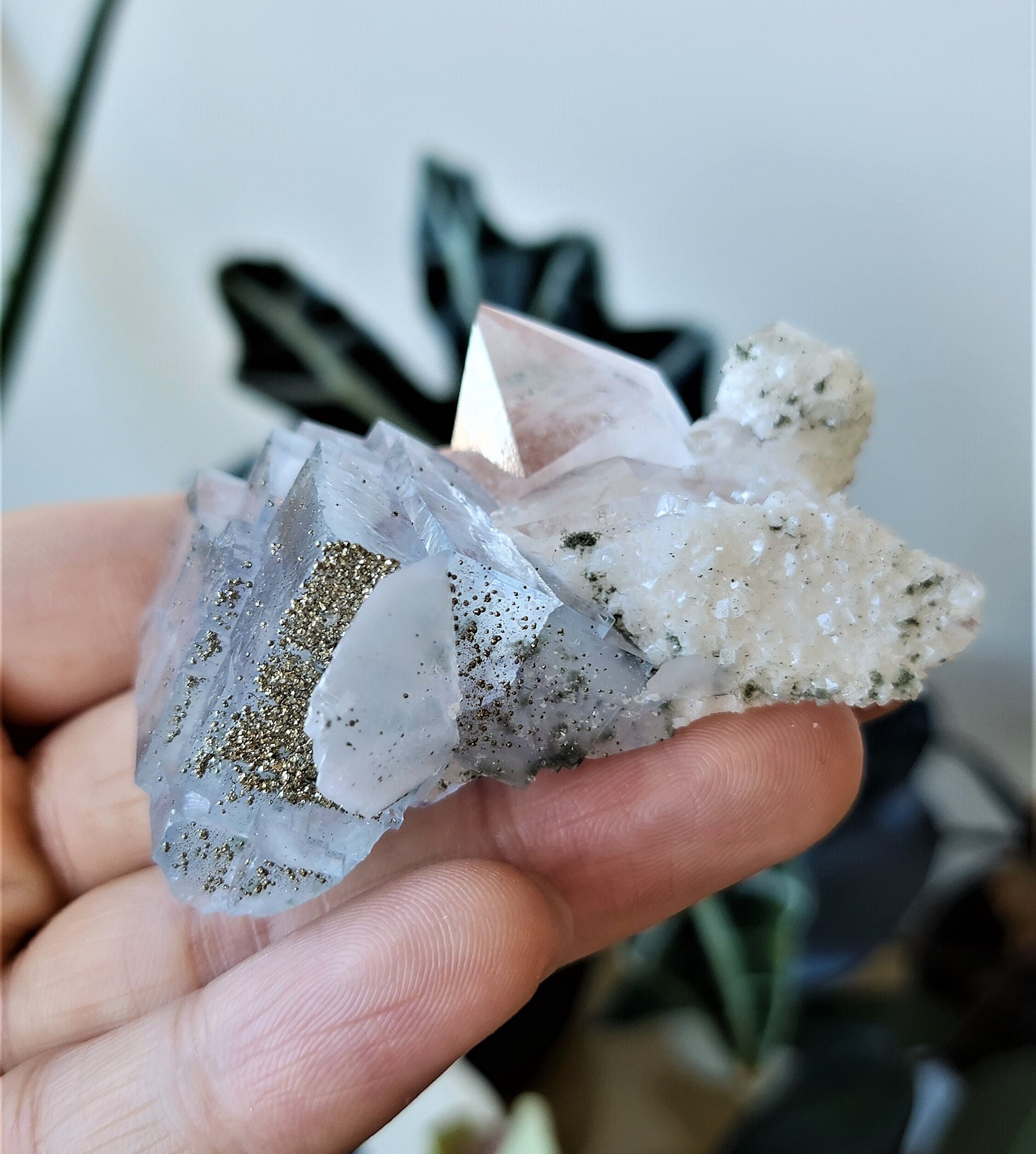Pyrite Dusted Clear Blue Cubic Fluorite Alongside Druzy Quartz Cluster w/Phantoms and Bladed Calcite