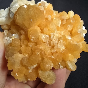 May include: A cluster of orange calcite crystals with a rough, textured surface. The crystals are clustered together in a dense formation, creating a unique and interesting display.