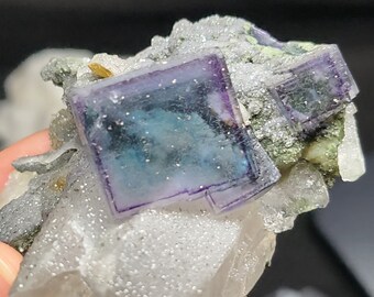 Bi-Color Perfect Cubic Fluorite w/ Pyrite covered surface, quartz cluster matrix, thousand layer window phantoms, purple zoning